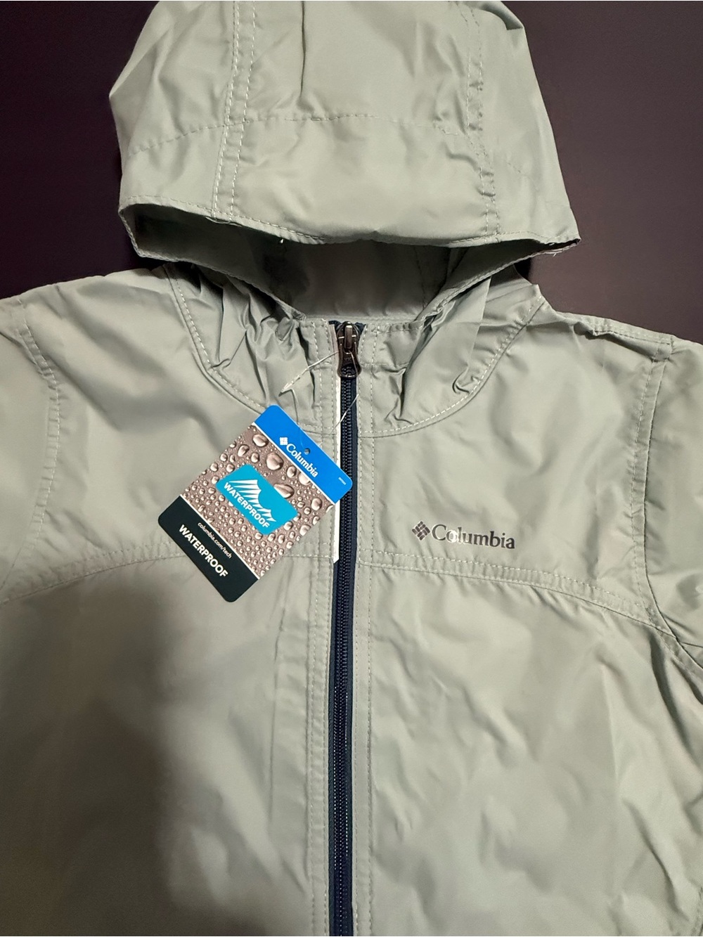 Columbia Kids Hooded Rain Jacket in Sage Green with Navy Zip
